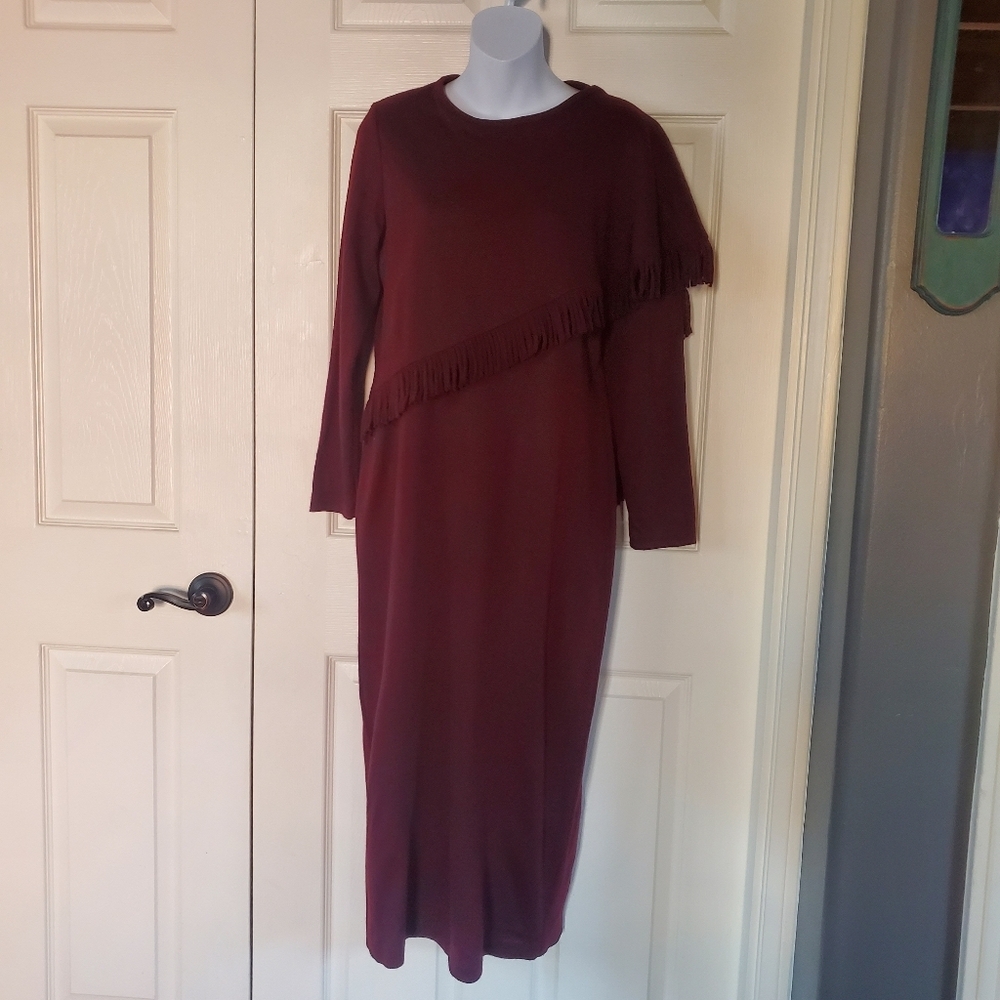 Lennie For Nina Leonard Burgundy Knit Dress Attached Fringed Scarf Romantic PM